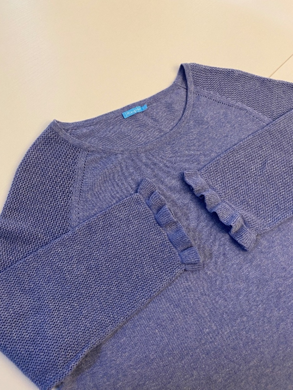 J.McLaughlin Blue 100% Cotton Ruffle Sleeve Trims Sweater Size Extra Large - Picture 5 of 11